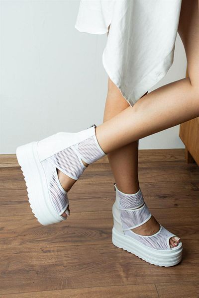 Modanizm Rosen White Wedge Heeled Mesh Sports Boots