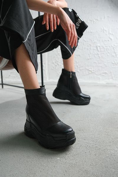 Modanizm Esha Black Mesh Platform Heeled Leather Sports Boots
