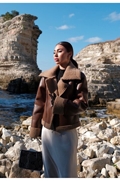 Sindimoda Parlak İçi Peluş Kaplama Deri Crop Kaban