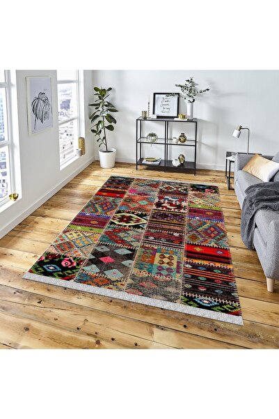 Kilim Yıkanabilir Etnik Desen Kaymaz Taban Salon Koridor Mutfak Halısı Delüx5056