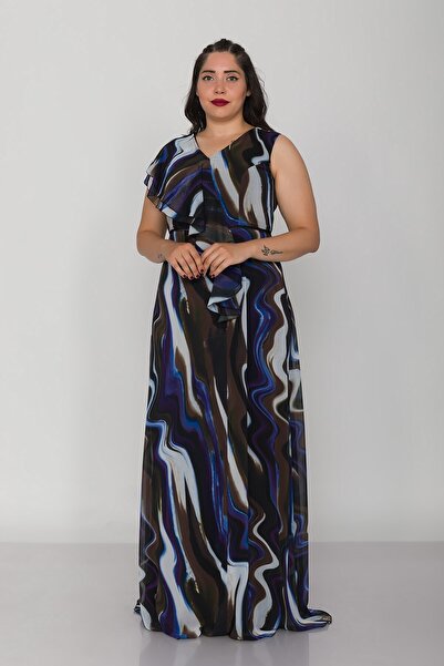 LİLAS XXL 9280 Büyük Beden Omuz Valonlu Desenli Şifon Uzun Elbise