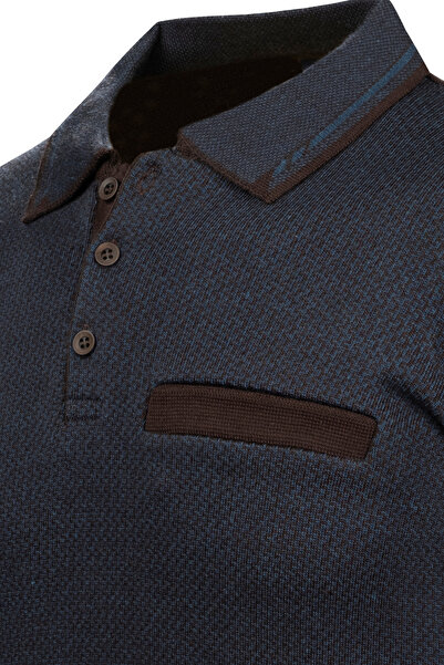 Çizgi Triko Ανδρικό πλεκτό πουλόβερ με λαιμόκοψη Polo - Διακοσμημένα μπράτσα και ελαστική μέση, ατσάλινο πλεκτό Classic - 5014F