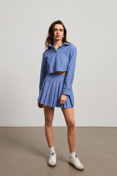 YOUR NAME Çizgili Crop Mavi Kadın Gömlek