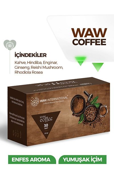 waw international Natural Coffee - Enriched with Chicory, Ginseng and Reishi Mushroom, 1 Month (30 Sachets)