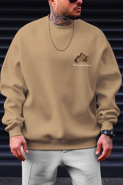 Millionaire Ανδρικό φούτερ Camel Arid Mountain Printed 0 Crew Neck Oversize Loose Loose Cut Fleece φούτερ