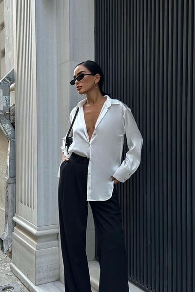 YOUR NAME Basic Ekru Kadın Saten Gömlek