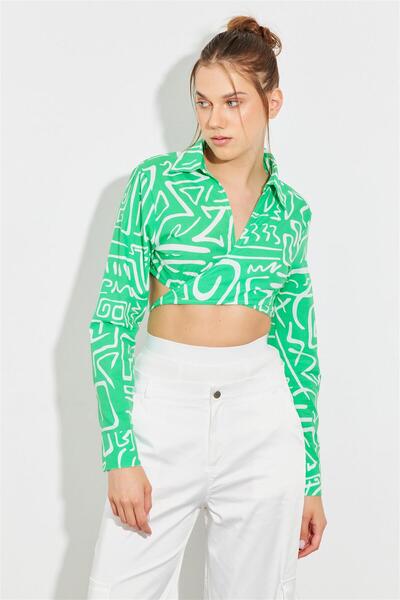 YOUR NAME Önden Bağlama Detaylı desenli Crop Gömlek Yeşil