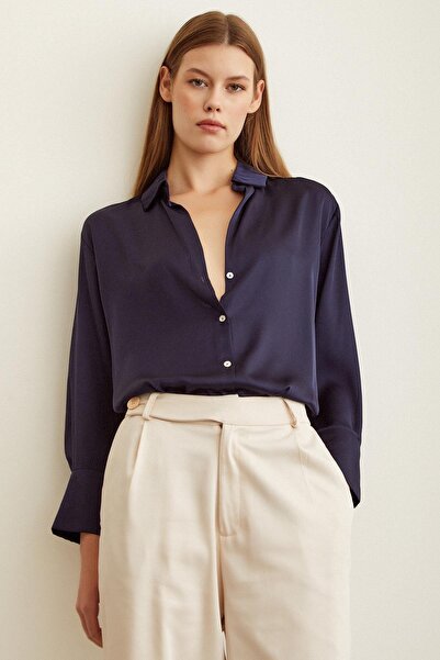 YOUR NAME Basic Lacivert Kadın Saten Gömlek