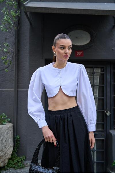 YOUR NAME Cămașă de popelin pentru femei Crop cu mâneci albe