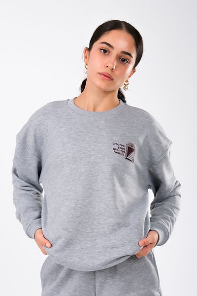 Coredra Women's Gray Relaxed Fit Sweatshirt - Mental Health Protection