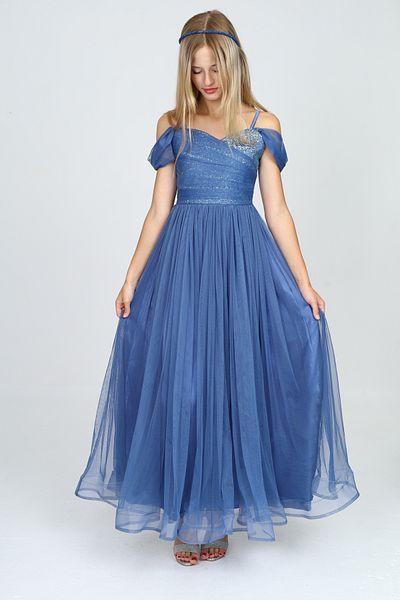 Pantulux Children's Glitter Patterned Indigo Blue Long Evening Dress Special, Daily Wear