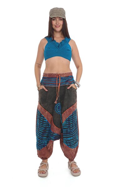 Bohem Stil Hint Otantik Yıkamalı Taşlanmış Patchwork Uniseks Şalvar Pantolon