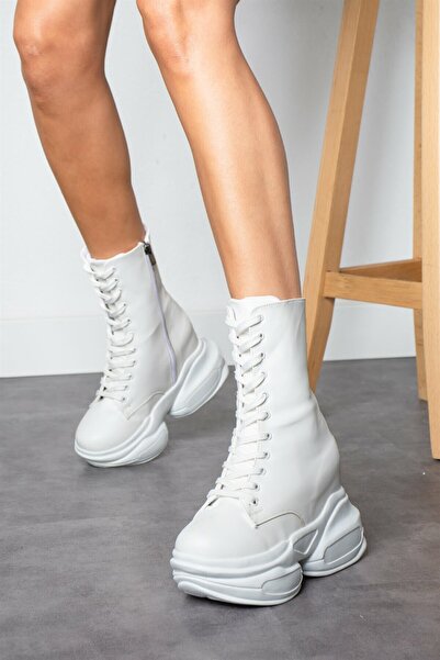 Modanizm Knox White Wedge Heeled Boots