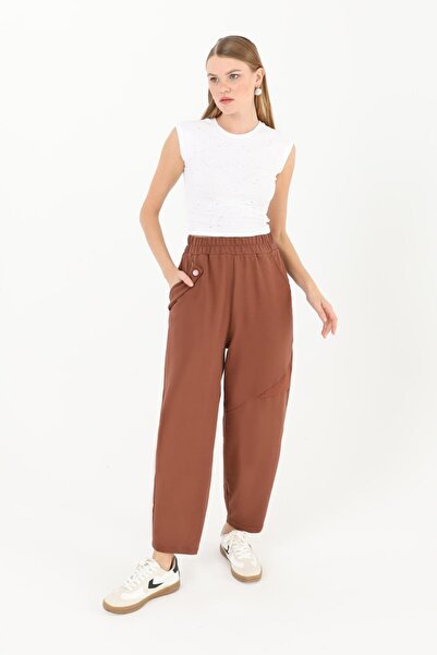 Puane Women's Parachute Fabric and Button Detailed Baggy Brown Trousers 18105
