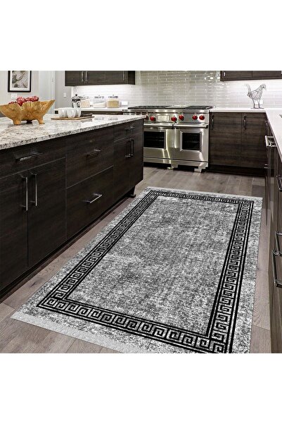 Genel Markalar Kilim Yıkanabilir Siyah Gri Desenli Kaymaz Taban Salon Koridor...