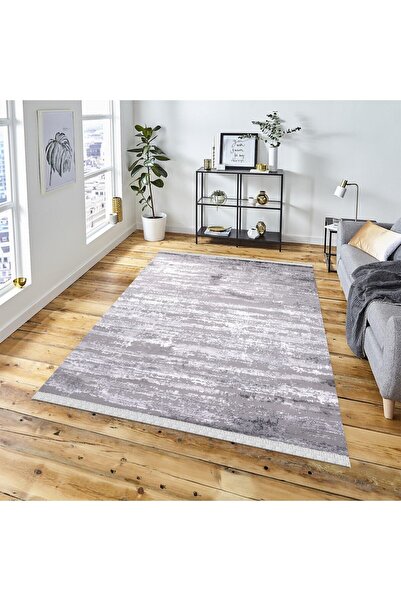 DECOSER HALI Gri Çizgili Desenli Kaymaz Taban Yıkanabilir Salon Koridor Yolluk Halısı Diamond9016