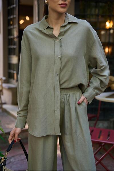 YOUR NAME قميص نسائي كتان كاكي - موديل كبير