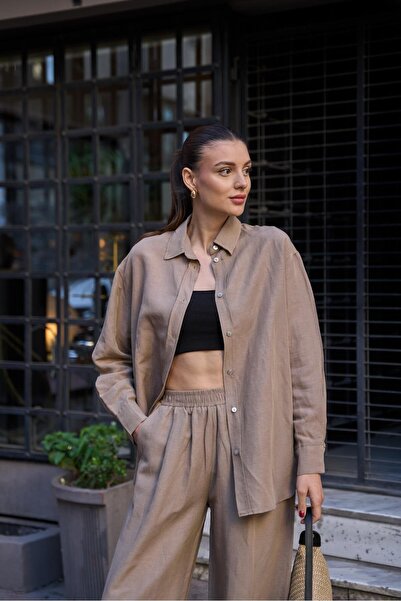 YOUR NAME Oversize Keten Kahve Kadın Gömlek