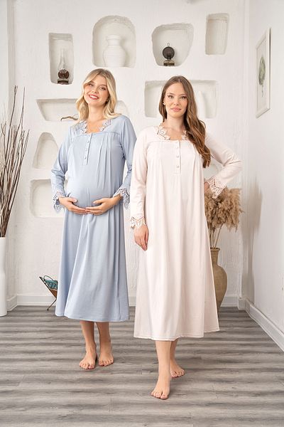 CT MODA Cămașă de noapte de maternitate din bumbac de iarnă, albastru, cu design special, cu dantelă