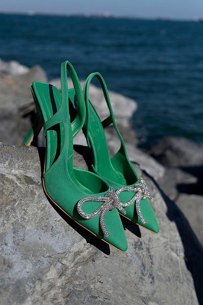 sovrana Ribbon Detailed Heeled Shoes Green Matte Satin