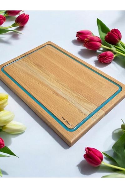 F&S WoodArt Oak Wood 39 cm Turquoise Epoxy Padding Slotted Cutting Board Presentation Holder
