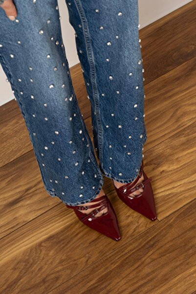 sovrana Three Belt Detailed Heeled Shoes Claret Red Patent Leather