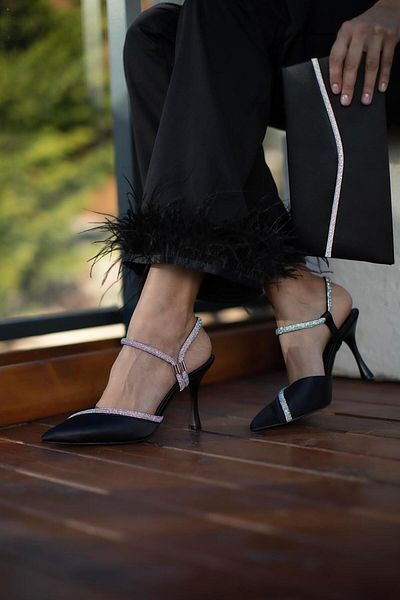 sovrana Stone Detailed Heeled Shoes Black Satin