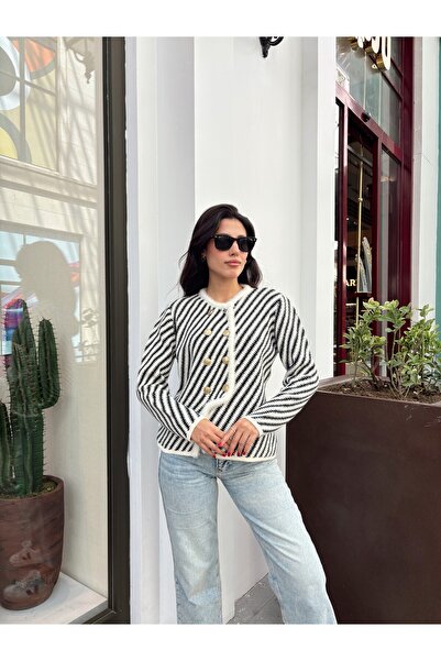 Nopen Knitwear Collar Detail Gold Button Asymmetric Cut Knitwear Cardigan