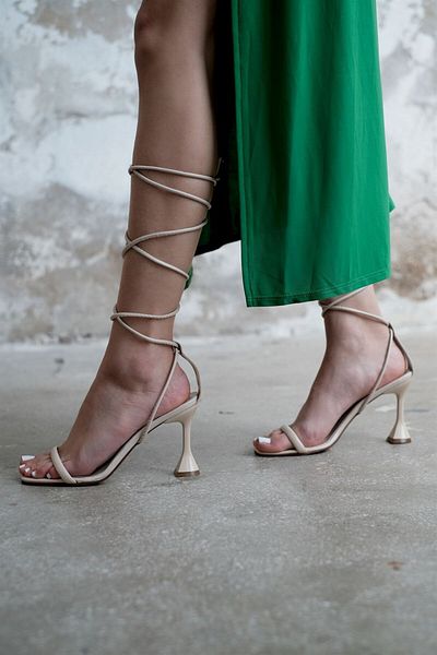 sovrana Single Strap Long Rope Detailed Heeled Shoes Beige