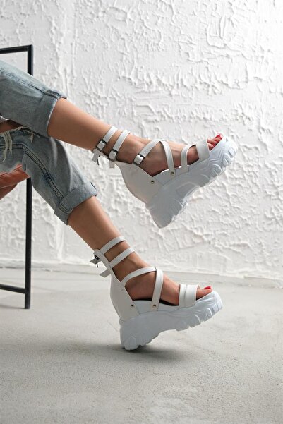 Modanizm Mindy White Wedge Heeled Sandals
