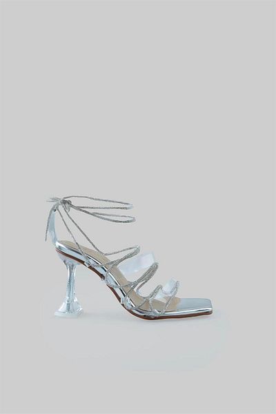 sovrana Stringed Stone Detailed Heeled Shoes Silver Mirror Transparent