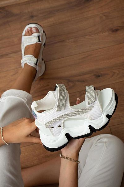 Modanizm Barcero Stone Embroidered White Sandals