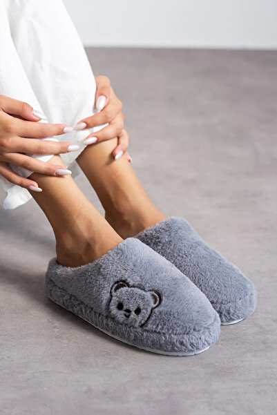 NOVİNS Women's Children's Teddy Bear Figured Silent Comfortable Sole Stylish Plush House Slippers Warm Lining