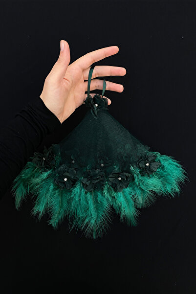 ZEYMERADE Yeşil Gelin Damat Halay Mendili, Üç Boyutlu Çiçek Ve Tüy Süslemeli,...