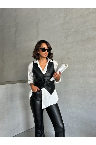 Miss Allos Women's Classic Cut Double Pocket Buttoned Leather Vest