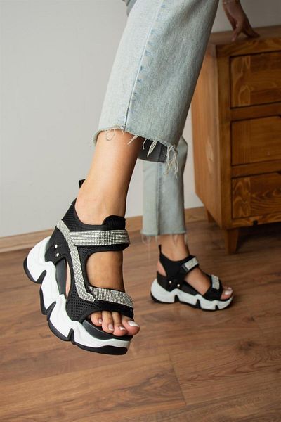 Modanizm Barcero Black Stone Embroidered Sandals