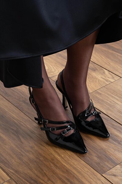 sovrana Three Belt Detailed Heeled Shoes Black Patent Leather