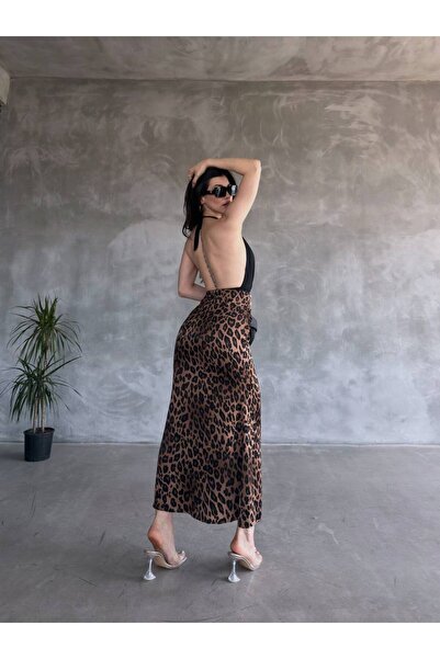 alenmoda Fusta lungă din satin leopard