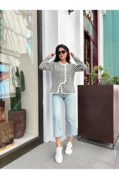 Nopen Knitwear Collar Detail Gold Button Asymmetric Cut Knitwear Cardigan