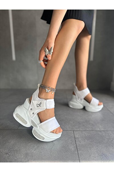 Modanizm Jamie White Jewelled Wedge Heeled Sports Sandals