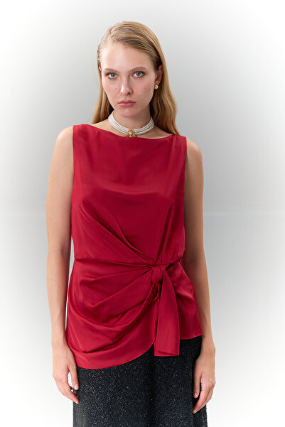 Roman Bağlama Görünümlü Saten Bluz Bordo K2513004_008