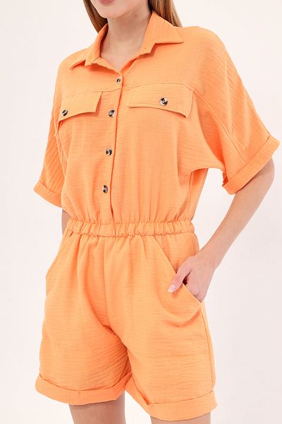 armonika Women's Light Orange Bat Sleeve Pocket Elastic Waist Shorts Jumpsuit Arm-23Y 001075