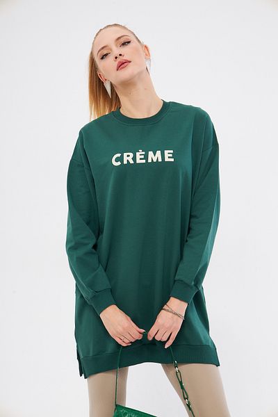 armonika Women's Dark Green Crew Neck Written Tunic Sweatshirt Arm-25K 001029