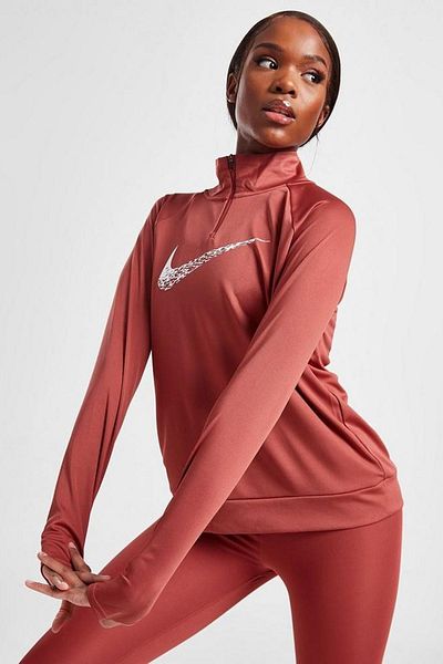Nike Суитшърт за бягане Dri Fit Big Swoosh с 1/4 цип, цвят тухла