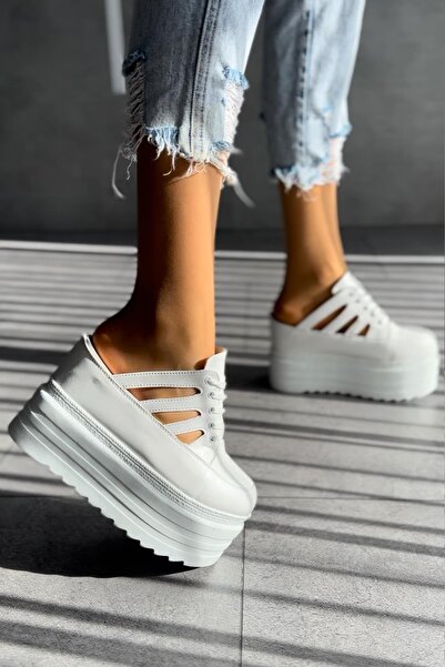 Modanizm White Wedge Heeled Ovi Slippers