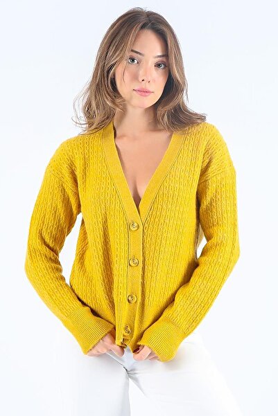 Seeh Hardal Sarısı V Yaka Düğmeli Yumuşak Kadın Triko Kazak Hırka SH182