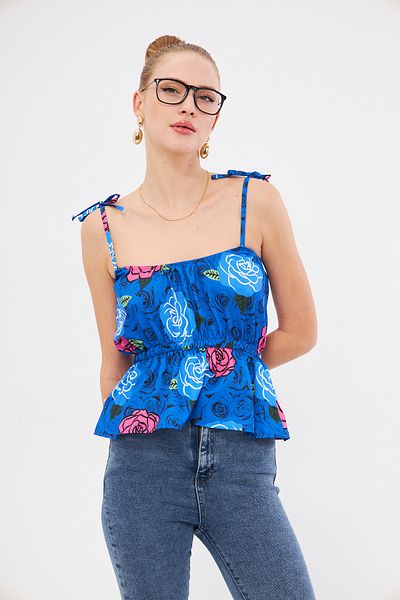 armonika Saks Print Στράπλες Crop Μπλούζα - με ελαστική μέση και λεπτομέρεια γραβάτας ARM-24Y 001116