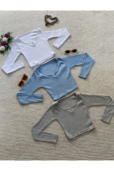 Lorya Giyim Pachet de 3 bluze basic crop cu decolteu în V, 100% bumbac