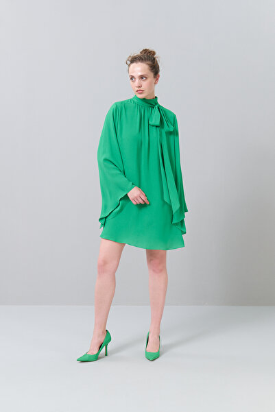 Roman Yakası Bağlamalı İspanyol Kol Mini Elbise Yeşil K2511029_012