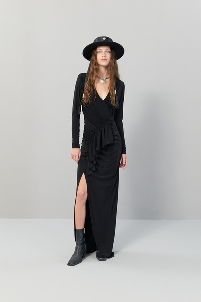 Roman Drapeli Yırtmaçlı Maksi Boy Elbise Siyah K2521011_001